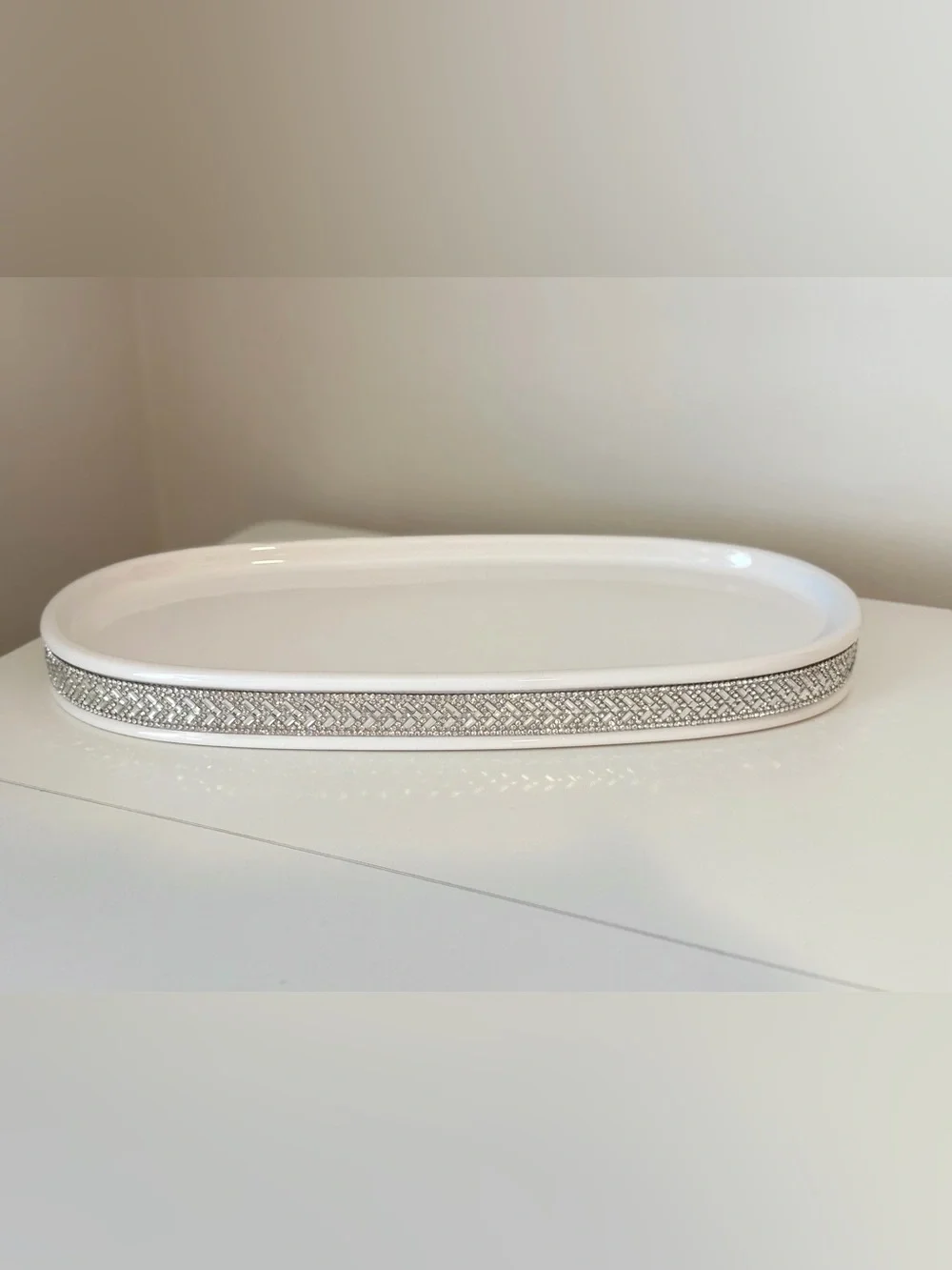 Tahari Home White Porcelain Vanity Bathroom Tray w/ Rhinestone Trim 13x6.5ʼʼ